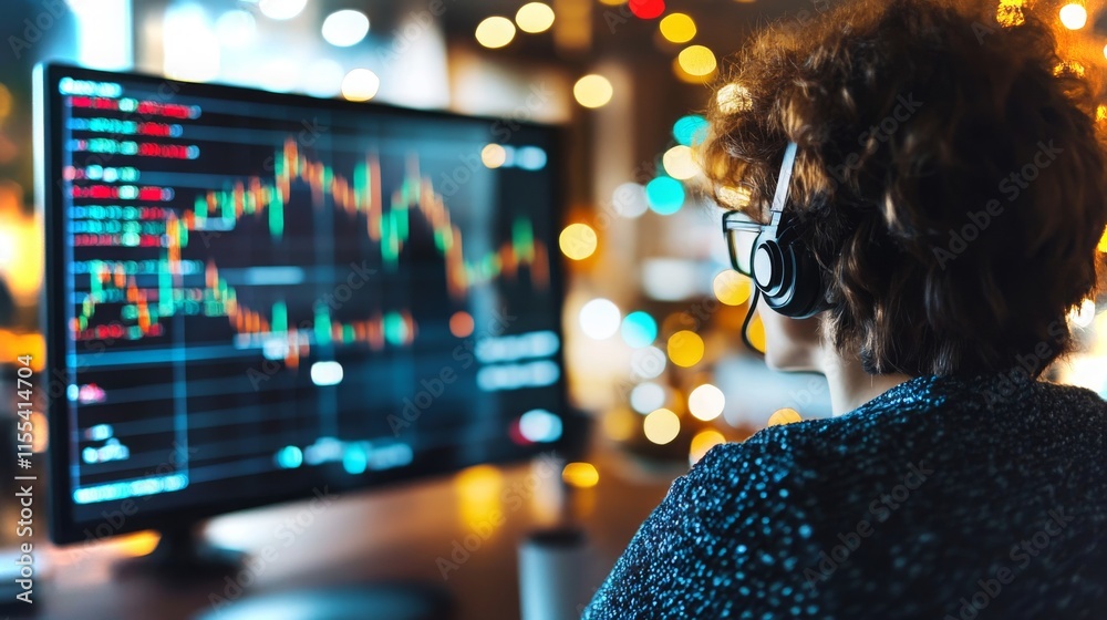 Wall mural engaged trader analyzing stock market trends in a modern workspace with colorful lights