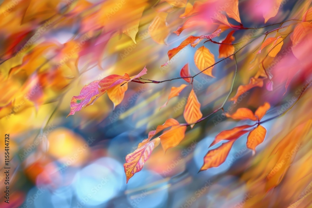 Poster vibrant autumn leaves dance in a gentle breeze creating a colorful tapestry in a serene natural sett