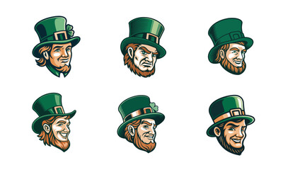 set of vector leprechaun faces with different emotions for St. Patrick's Day.