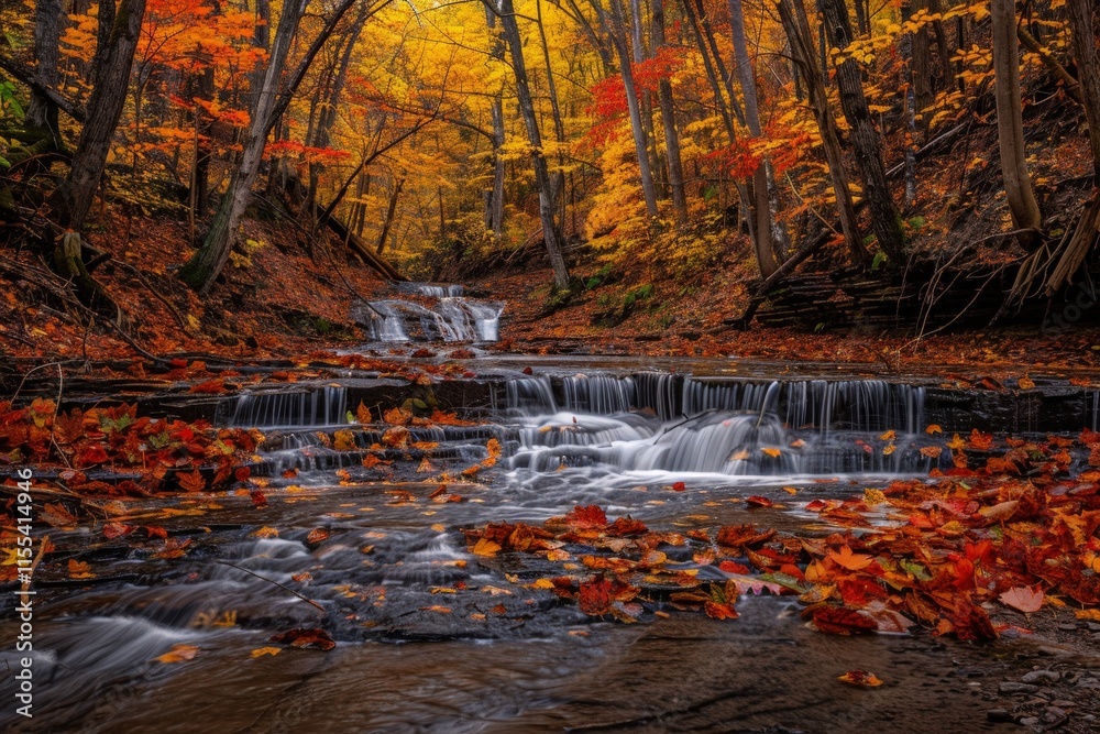 Poster vibrant autumn leaves dance in a gentle breeze creating a colorful tapestry in a serene natural sett