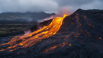 Fototapeta premium Magnificent Volcanic Eruption with Vibrant Lava Flow Amidst Dramatic Terrain : Generative AI