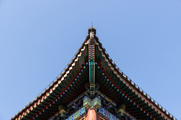 Naklejka premium Eaves of the Grand Opera House in Dehe Garden, Summer Palace, Beijing, China