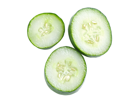 Three Cross-Sections of Cucumber Isolated On A White Background, PNG Transparent