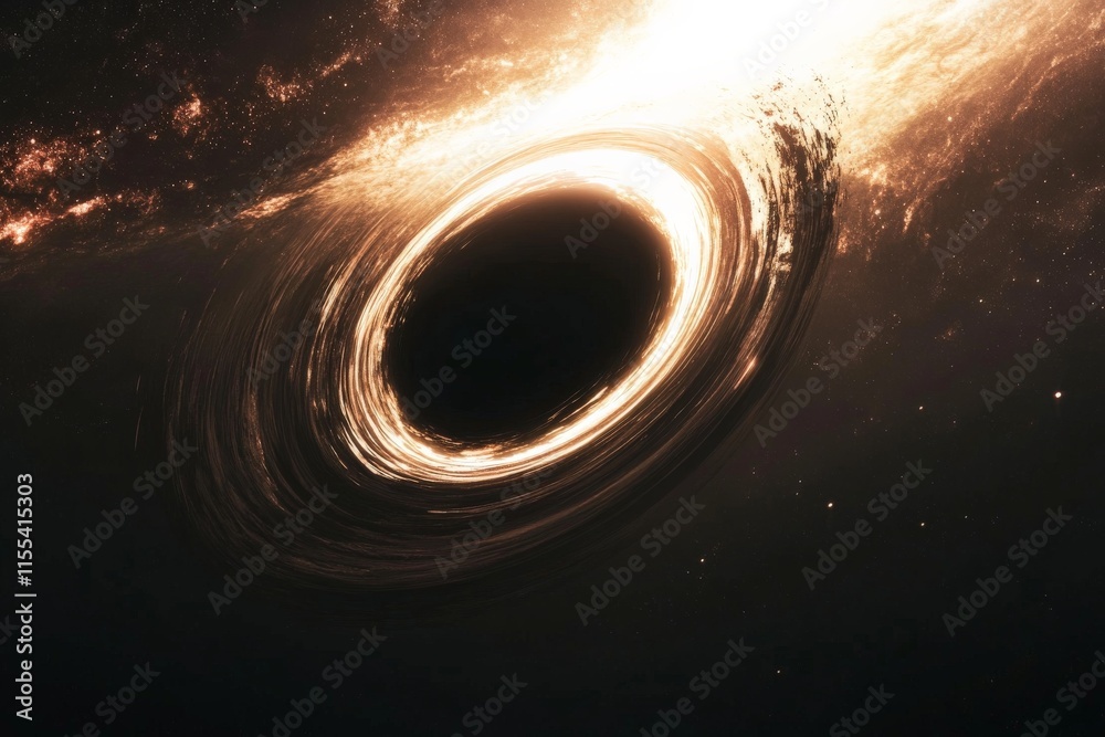Poster a mesmerizing cosmic black hole surrounded by swirling glowing light and distant stars, illustrating