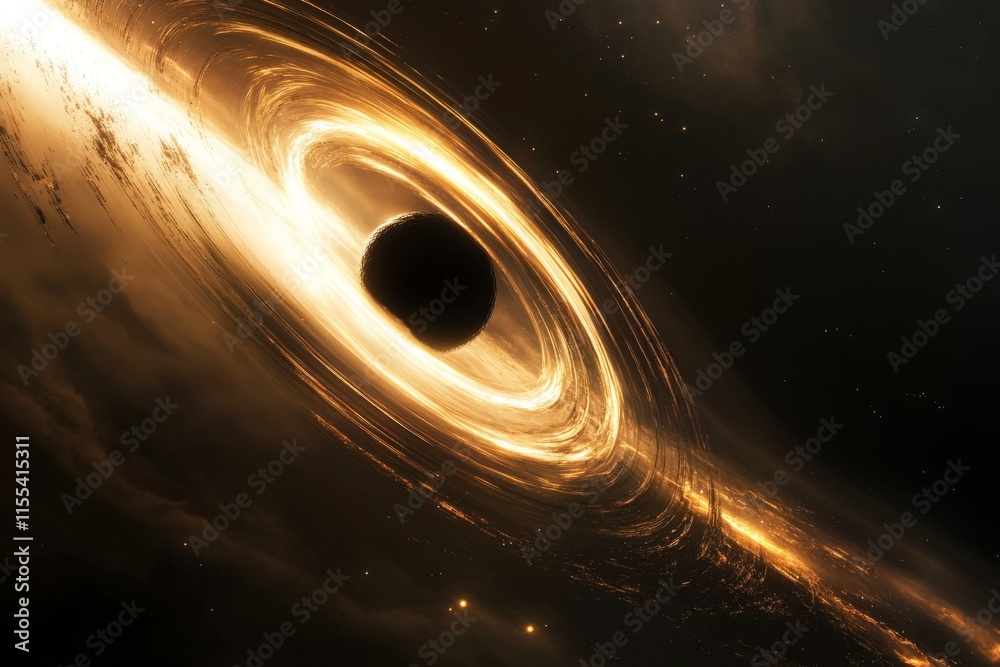Poster a mesmerizing depiction of a black hole surrounded by a luminous accretion disk, drawing in cosmic m