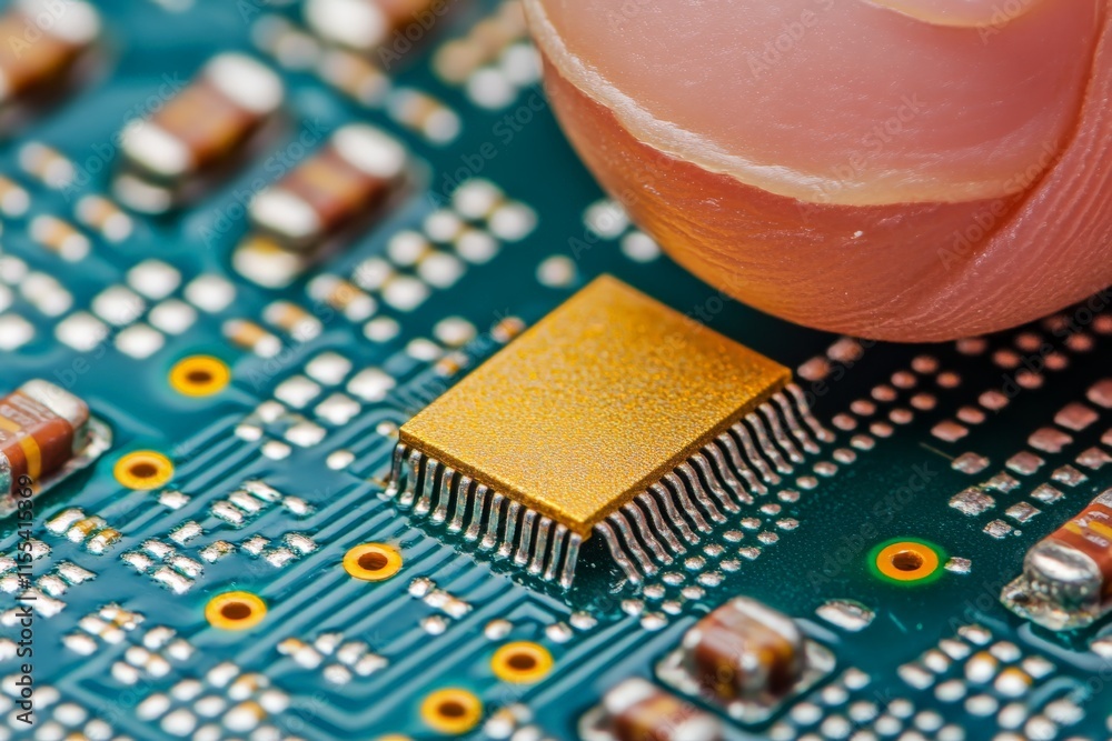 Poster A detailed close-up of a large microchip on a circuit board, showcasing its intricate golden conductors and connections in high detail and vibrant colors.