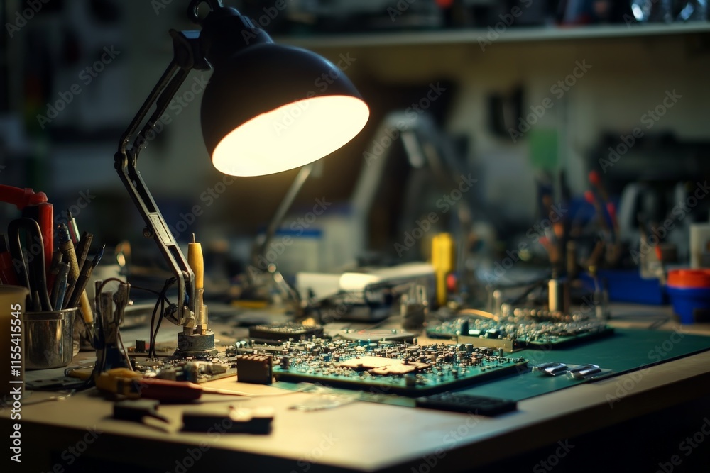 Poster A warmly lit workspace features a variety of electronic components and circuit boards on a workbench, highlighting the tools and creativity of an engineer.