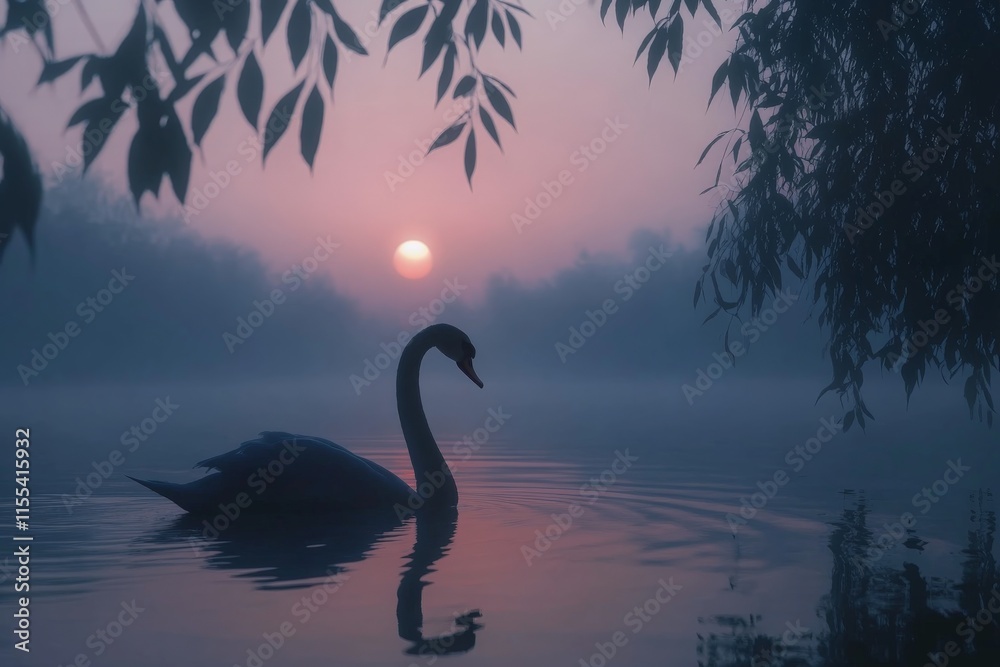 Aufkleber A solitary swan is silhouetted against a misty twilight sky, creating a mystical and tranquil scene as the gentle light softens the serene waterscape.