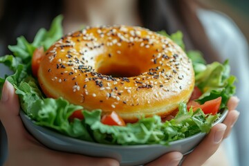Woman on dieting for good health concept. Close up female using hand push out her favourite donut and choose salad vegetables for good health, Generative AI