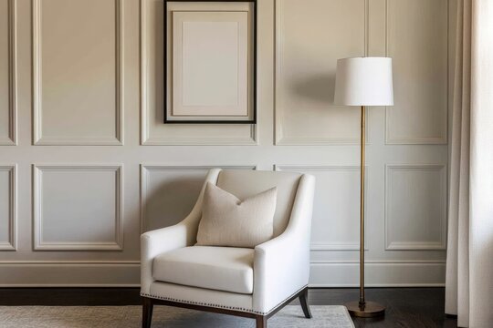 An elegantly designed room featuring a stylish white chair and a warm lamp, exuding sophistication and a tranquil atmosphere ideal for relaxation or reading.