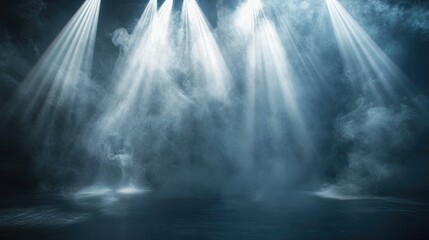 A mysterious studio backdrop with layered smoke effects and sharp beams of light