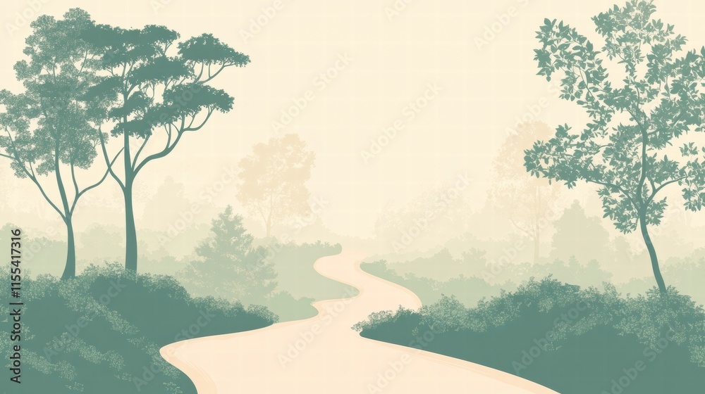 Poster winding forest path leads through a serene minimalist landscape with gentle hues. generative ai