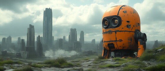 Orange robot overlooking dystopian city.