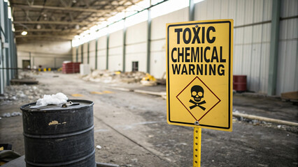 Warning sign indicating toxic chemicals in industrial area, highlighting safety concerns and environmental hazards