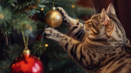 Cat Playing with Christmas Ornaments