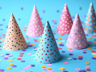 Colorful party hats on blue background celebration event decorative content fun environment top-down view festive concept