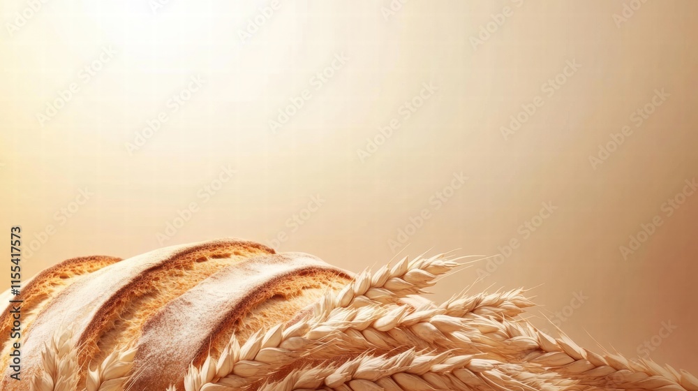 Aufkleber minimalist bread loaf with wheat grains on a neutral background for culinary designs and templates. 