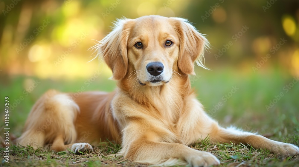 Poster Golden Retriever Lying on Grass in Sunlit Field Portrait : Generative AI