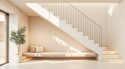 Fototapeta premium Stylish Interior with Modern Staircase and Cozy Seating Area