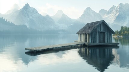 Fototapeta premium A peaceful lakeside boathouse with a wooden dock, surrounded by serene waters mirroring distant mountain peaks