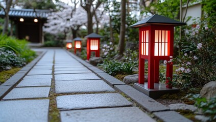 A serene garden path illuminated by red lanterns amidst blooming trees.