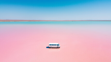 A white van parked on a pink lake under a clear blue sky during daylight in a remote location
