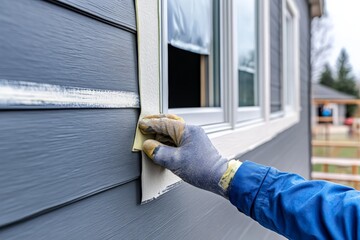 Gloved hands use fine sandpaper on a house exterior wall, displaying meticulous attention to detail in preparation for painting, representative of precision in craftsmanship.