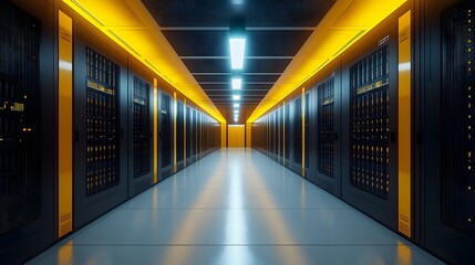 Modern data center interior, server room with black and yellow racks, clean white floor, industrial ceiling, LED lighting, symmetrical corridor perspective, high-tech infrastructure.