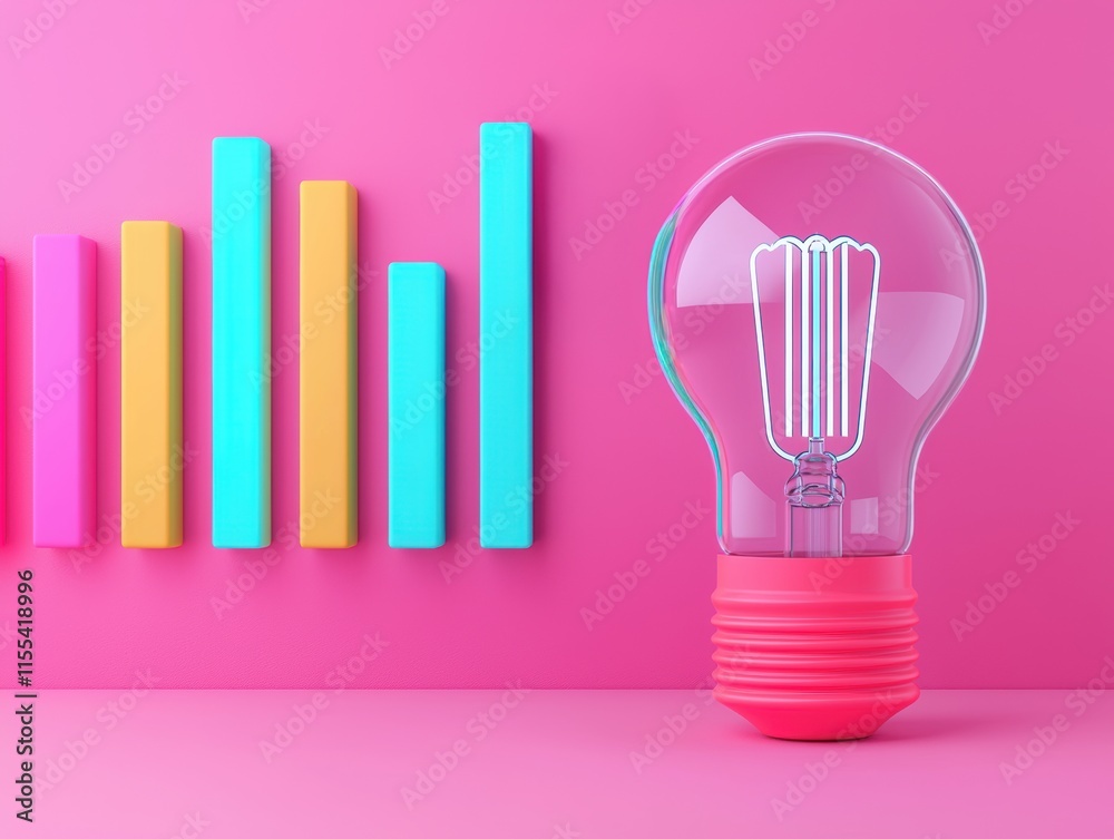 Poster Transparent light bulb with visible filament resting beside colorful rectangular blocks on a pink background, symbolizing innovation