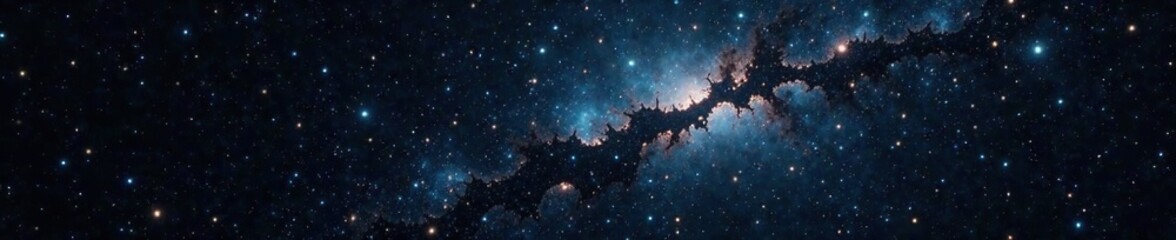 Obraz premium A deep black expanse punctuated by tiny bursts of shimmering silver and blue, evoking the mystery of a distant star, galaxy, shimmering, nebula