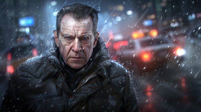 Mature caucasian male walking in snowy urban night scene with intense expression