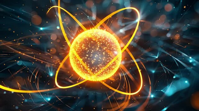 An animated visual of the everchanging and intricate layers of electron clouds around an atom.