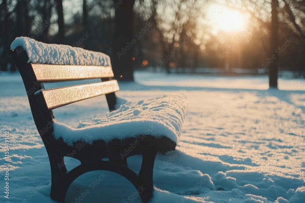 Aufkleber A snow-covered bench in a park during sunrise, with soft golden light casting a peaceful glow over the winter landscape. Trees form a tranquil backdrop in quiet serenity.