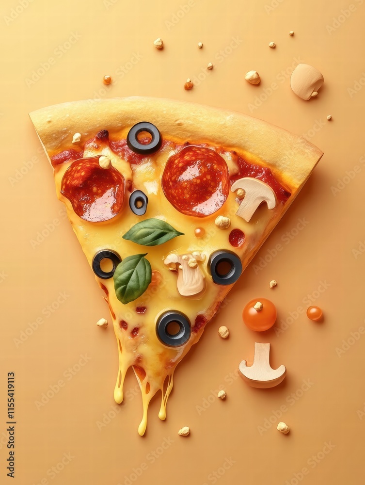 Aufkleber stylized pizza slice with colorful toppings and cheese drips on a minimalist backdrop. generative ai