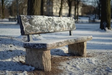 A frosty stone bench surrounded by snow in a forest, capturing a sense of solitude and calmness in the wintry landscape. Dappled light creates serene shadows.