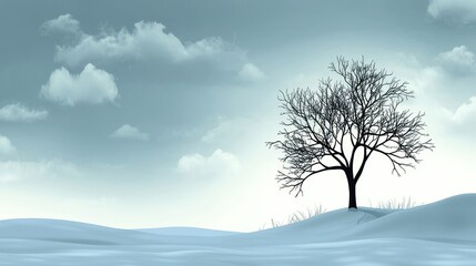 A peaceful winter scene with a silhouetted tree standing tall against a backdrop of cloudy skies