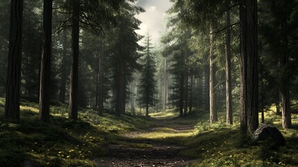 Fototapeta premium Idyllic Forest Trail Lined by Towering Trees and Gentle Sunlight : Generative AI