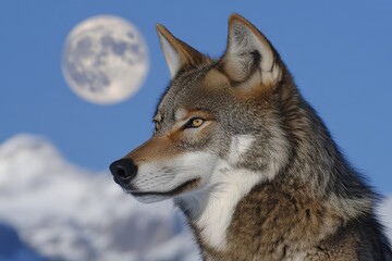 Fototapeta premium A thoughtful wolf gazes at the glowing full moon, highlighted by the expansive snowy mountain landscape, creating a harmonious blend of nature's mystery and beauty.