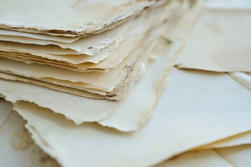 A collection of neatly stacked papers with visibly rugged, torn edges give a sense of organic imperfection, and highlight the essence of rustic aesthetics.