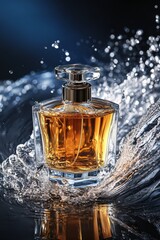 Luxury Perfume Bottle in Splashing Water with Atmospheric Background