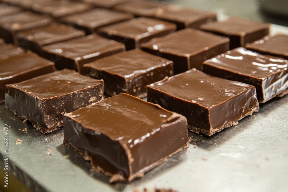 Poster a close-up view of freshly crafted chocolate squares neatly arranged on a metal tray, showcasing the