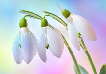 Delicate Snowdrop Flowers with Soft Green Details Against a Colorful Blurred Background Ideal for Spring and Nature Themes