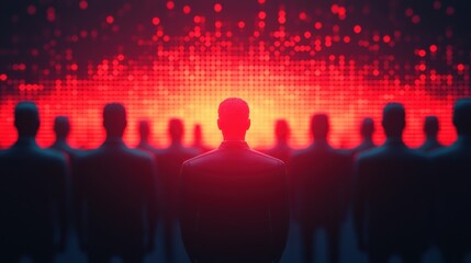 Business team analyzing marketing data projected on a digital screen, planning future strategy in a dark room