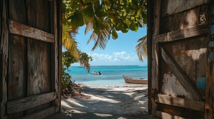 Fototapeta premium A picturesque view of a tropical beach with swaying palm trees and azure waters, framed by a rustic wooden door