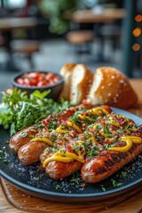 Fototapeta premium Deliciously Grilled Sausages on a Plate Garnished with Fresh Herbs, Mustard, and Accompaniments Ideal for a Summertime Barbecue or Casual Gathering