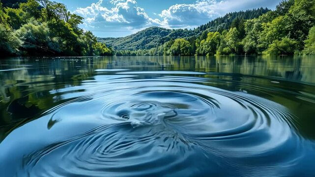 A river flowing with antiparticle water its currents mirroring each other perfectly.