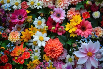 Vibrant display of assorted flowers in various colors creating a lively garden atmosphere during springtime