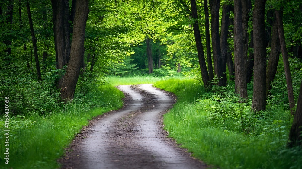 Poster Tranquil Forest Pathway with Lush Greenery and Winding Trail : Generative AI