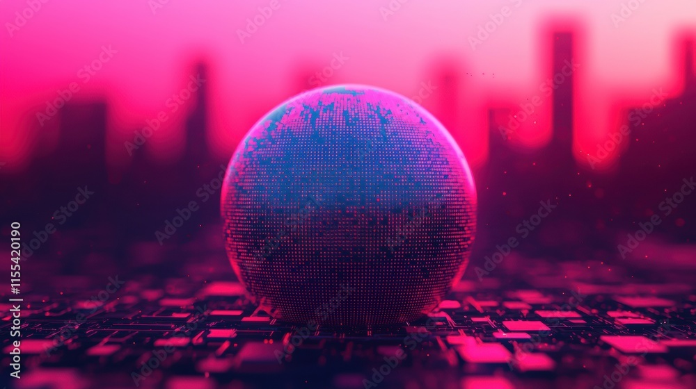 Aufkleber futuristic digital planet earth hologram floating above circuit board with blurry cityscape in backg