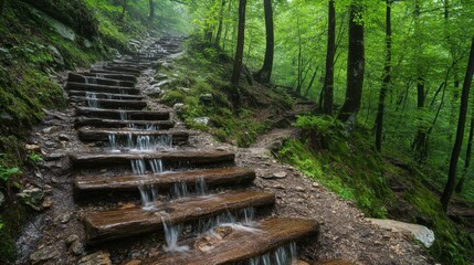 Fototapeta premium Water cascading down wooden stairs in a lush forest